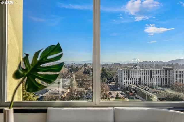 interior space with a city view