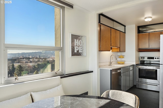 kitchen with stainless steel appliances, a sink, light countertops, and brown cabinets