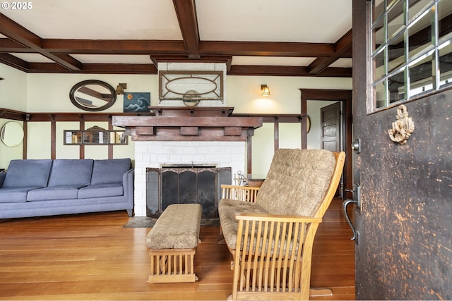 155 S 8th St, Saint Helens, OR 97051 - living room featuring a fireplace with flush hearth, coffered ceiling, beam ceiling, and wood finished floors