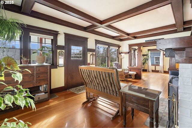 155 S 8th St, Saint Helens, OR 97051 - living area with coffered ceiling, a healthy amount of sunlight, beam ceiling, and hardwood / wood-style floors