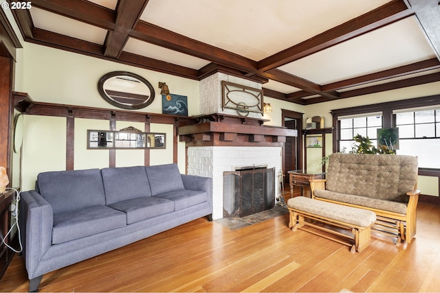 155 S 8th St, Saint Helens, OR 97051 - living area featuring wood finished floors, coffered ceiling, a brick fireplace, and beam ceiling