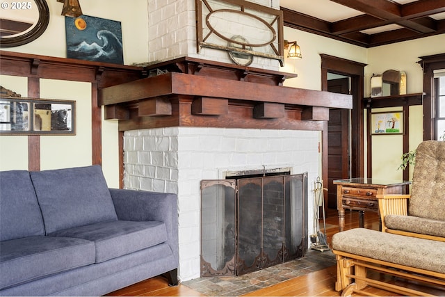 155 S 8th St, Saint Helens, OR 97051 - living area with wood finished floors, a brick fireplace, beam ceiling, and coffered ceiling