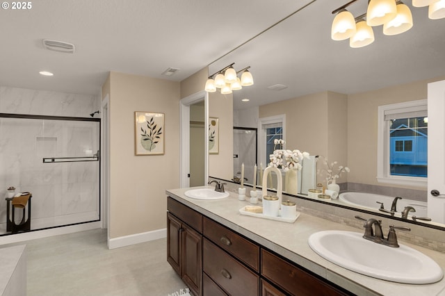 bathroom featuring vanity and plus walk in shower