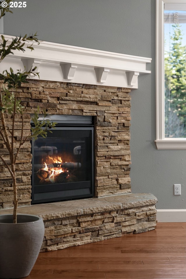 interior details with wood-type flooring and a fireplace