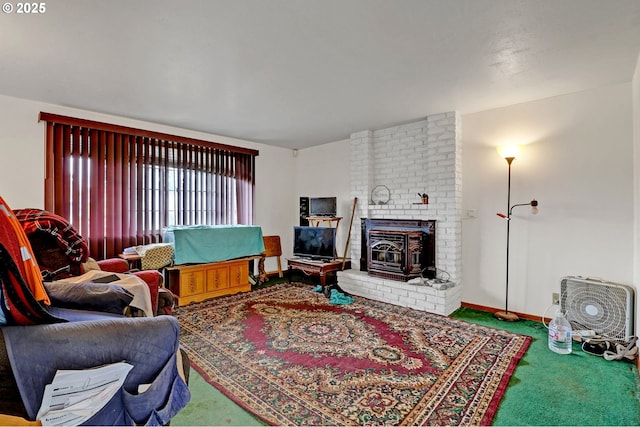 carpeted living room featuring a wood stove