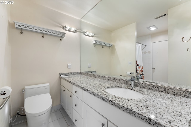 full bathroom with vanity, tile patterned floors, a shower with curtain, toilet, and visible vents