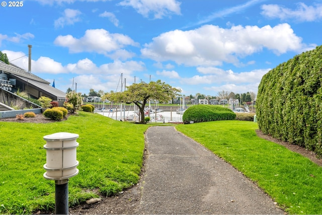 view of home's community featuring fence and a lawn