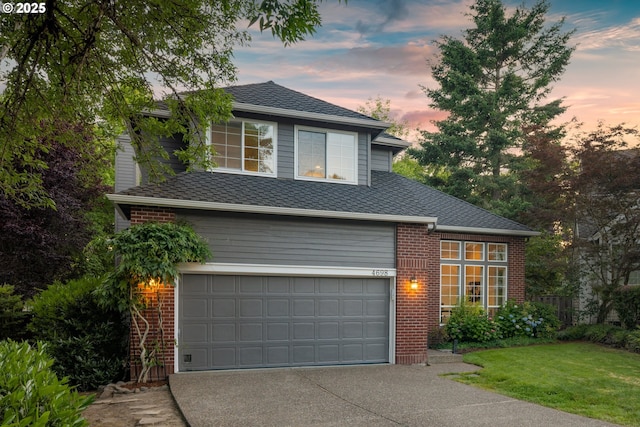 4698 Winthrop Ct, Lake Oswego, OR 97035 - traditional-style home with driveway, a garage, brick siding, a shingled roof, and a yard