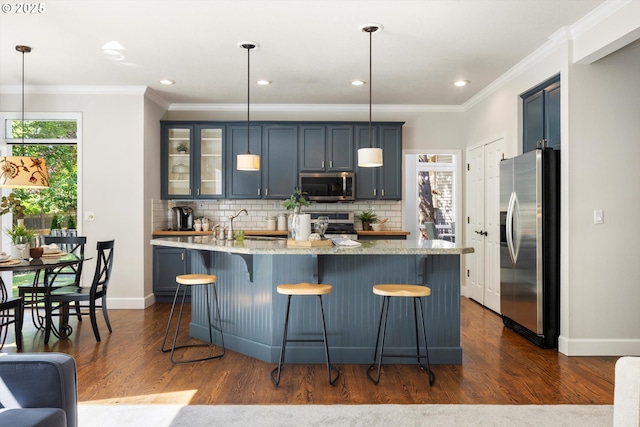 4698 Winthrop Ct, Lake Oswego, OR 97035 - kitchen featuring stainless steel appliances, dark wood-style flooring, decorative backsplash, glass insert cabinets, and crown molding