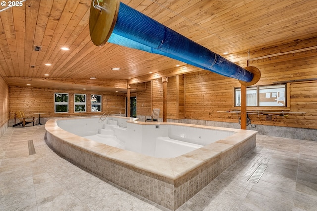 142 Lyons Rd, Stevenson, WA 98648 - misc room featuring wood ceiling, a hot tub, recessed lighting, and wooden walls