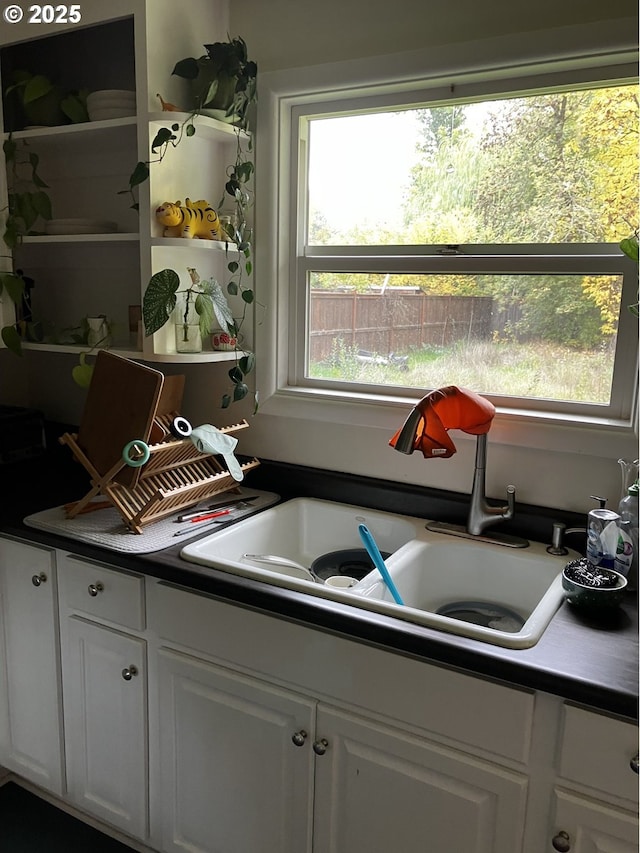 kitchen featuring a sink, dark countertops, and white cabinets