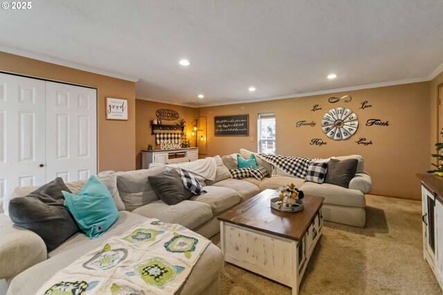 772 Elochoman Valley Rd, Cathlamet, WA 98612 - living area featuring recessed lighting, crown molding, and light colored carpet