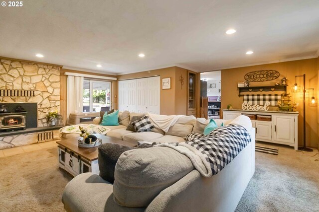 772 Elochoman Valley Rd, Cathlamet, WA 98612 - living room with light colored carpet, recessed lighting, and a fireplace