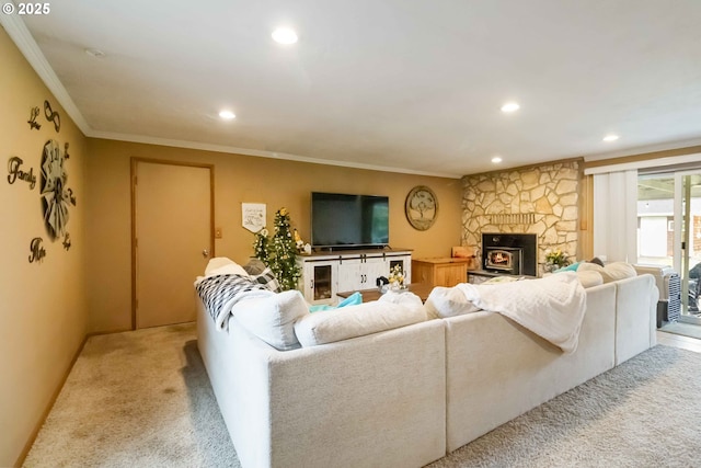 772 Elochoman Valley Rd, Cathlamet, WA 98612 - carpeted living area with recessed lighting, crown molding, and a fireplace