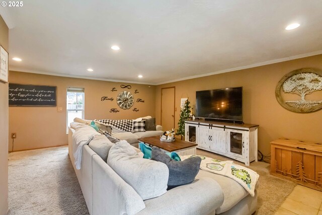 772 Elochoman Valley Rd, Cathlamet, WA 98612 - living room with recessed lighting, crown molding, light colored carpet, and baseboards