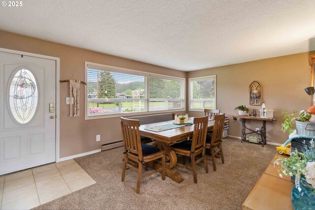 772 Elochoman Valley Rd, Cathlamet, WA 98612 - carpeted dining space with baseboard heating, a textured ceiling, and baseboards