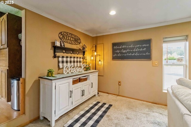 772 Elochoman Valley Rd, Cathlamet, WA 98612 - bar area featuring ornamental molding, light carpet, baseboards, and recessed lighting