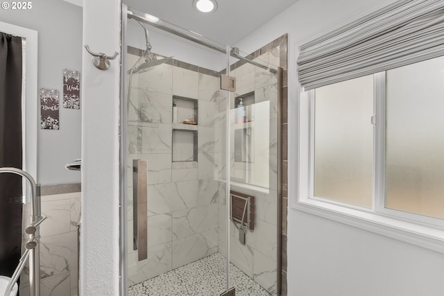 292 Jamie Loop, Roseburg, OR 97471 - bathroom featuring plenty of natural light, a marble finish shower, and recessed lighting