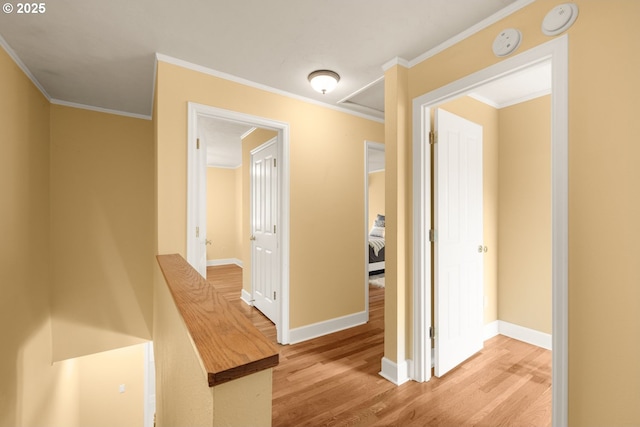 corridor with wood finished floors, crown molding, and baseboards