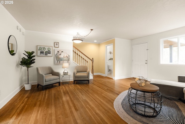 154 Ridgeway Rd, Lake Oswego, OR 97034 - living room featuring stairs, wood finished floors, and baseboards