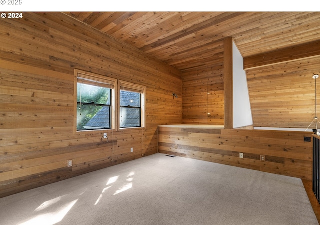 2703 Moon Mountain Dr, Eugene, OR 97403 - empty room featuring wooden walls, carpet, and wooden ceiling