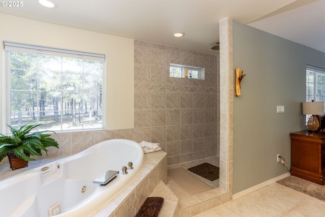 bathroom featuring separate shower and tub, tile patterned flooring, and plenty of natural light