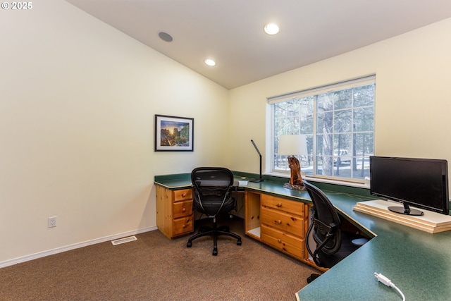 home office with carpet floors and lofted ceiling