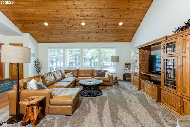 living room with high vaulted ceiling, wood ceiling, and light colored carpet