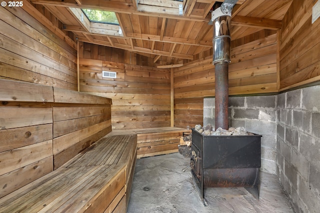 4650 NE Simpson St, Portland, OR 97218 - sauna / steam room with a skylight, wood walls, and wooden ceiling