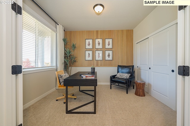1449 NE Josephine Ct Unit 170, Estacada, OR 97023 - carpeted home office with wallpapered walls, baseboards, and an accent wall