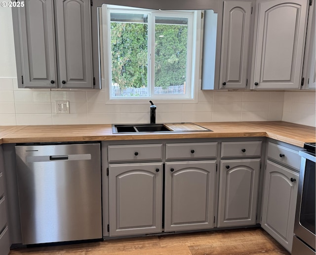 807 Glover St, Goldendale, WA 98620 - kitchen featuring stainless steel dishwasher, gray cabinetry, a sink, and wooden counters