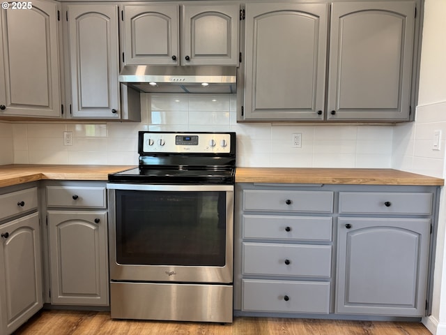 807 Glover St, Goldendale, WA 98620 - kitchen featuring electric range, under cabinet range hood, gray cabinetry, wooden counters, and tasteful backsplash