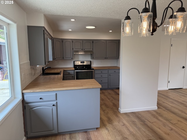 807 Glover St, Goldendale, WA 98620 - kitchen with stainless steel range with electric cooktop, gray cabinetry, a sink, a peninsula, and recessed lighting