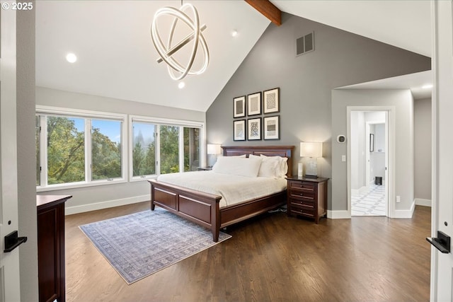 bedroom featuring beamed ceiling, high vaulted ceiling, and dark wood-type flooring