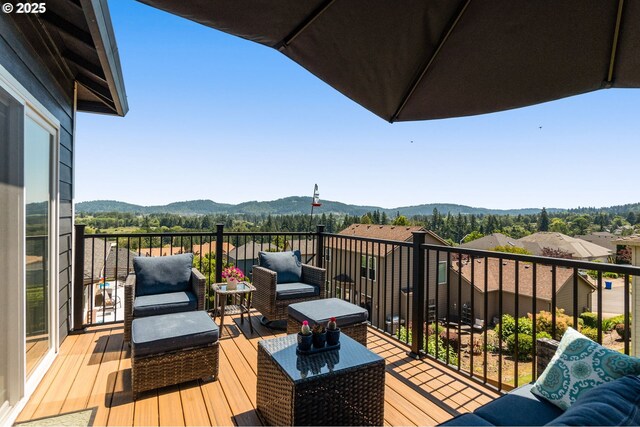 15708 SE Bybee Dr, Portland, OR 97236 - wooden terrace featuring an outdoor hangout area and a mountain view