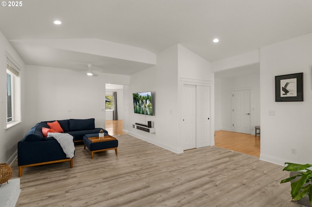 15708 SE Bybee Dr, Portland, OR 97236 - living room with light wood-style floors, ceiling fan, recessed lighting, and lofted ceiling
