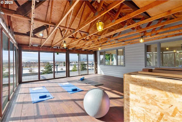 workout area with a healthy amount of sunlight, hardwood / wood-style floors, and lofted ceiling