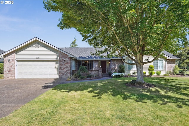 209 Mcnary Estates Dr N, Keizer, OR 97303 - ranch-style home with brick siding, asphalt driveway, a garage, a front yard, and a shingled roof