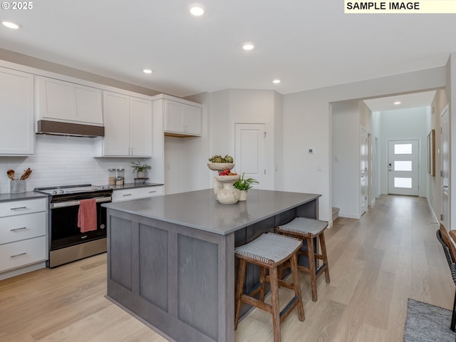 239 NW 29th Way, Battle Ground, WA 98604 - kitchen featuring under cabinet range hood, stainless steel electric range, dark countertops, and light wood finished floors