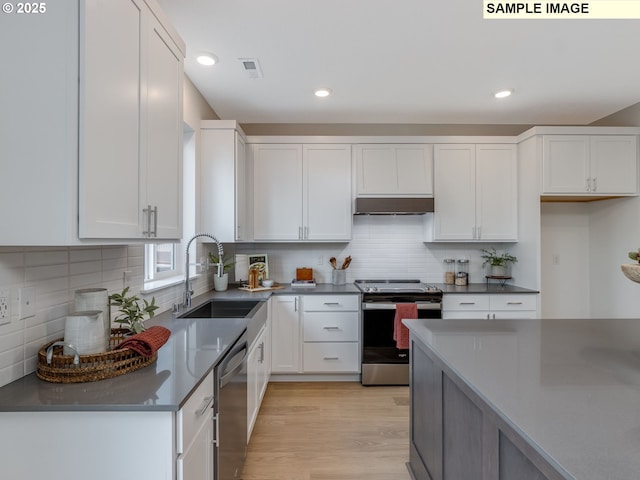 239 NW 29th Way, Battle Ground, WA 98604 - kitchen featuring dark countertops, a sink, white cabinets, under cabinet range hood, and stainless steel appliances