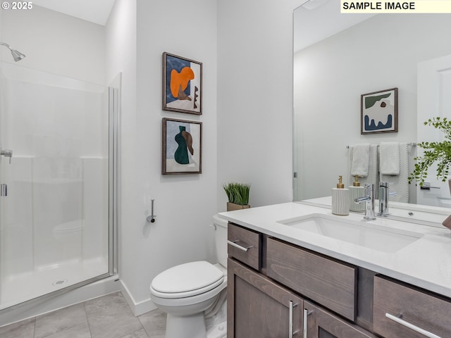 239 NW 29th Way, Battle Ground, WA 98604 - bathroom with baseboards, a stall shower, toilet, and vanity