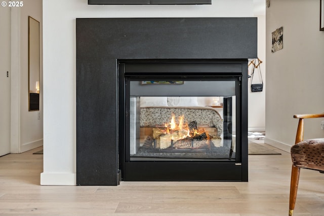room details featuring baseboards, wood finished floors, and a multi sided fireplace