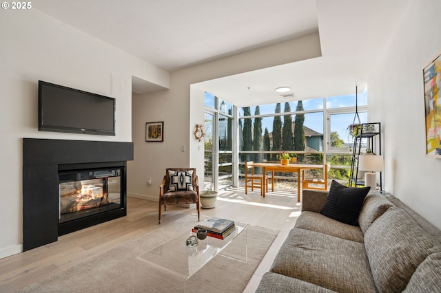 living area featuring baseboards, wood finished floors, and a multi sided fireplace
