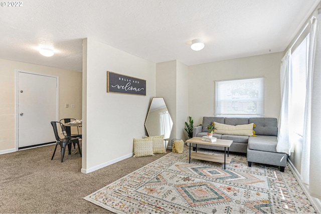 carpeted living area featuring a textured ceiling and baseboards