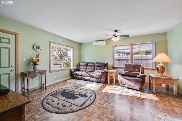 living room featuring a healthy amount of sunlight, parquet flooring, a baseboard radiator, and a wall mounted AC