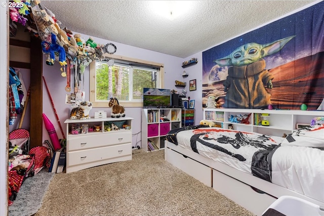 carpeted bedroom featuring a textured ceiling