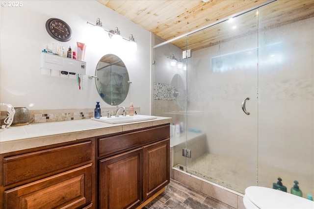 22260 E Wild Fern Ln, Brightwood, OR 97011 - full bath with a stall shower, vanity, toilet, and wooden ceiling