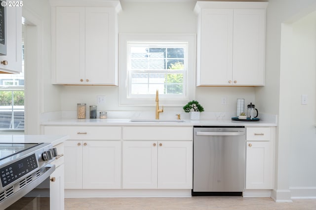 7327 N Washburne Ave, Portland, OR 97217 - kitchen with appliances with stainless steel finishes, a sink, white cabinets, and light countertops