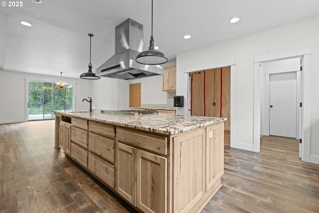 39665 SE Rude Rd, Sandy, OR 97055 - kitchen with island exhaust hood, light brown cabinetry, dark wood finished floors, a sink, and recessed lighting