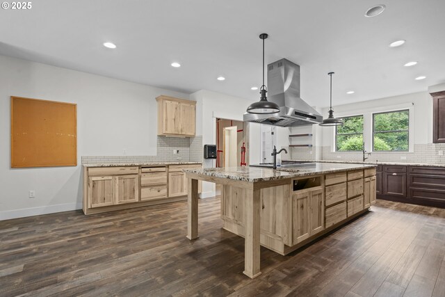 39665 SE Rude Rd, Sandy, OR 97055 - kitchen featuring island range hood, backsplash, light brown cabinets, dark wood-type flooring, and a kitchen island with sink